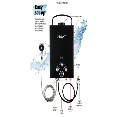Portable Gas Water Heater for Outdoor Camping - Sleek Black Design