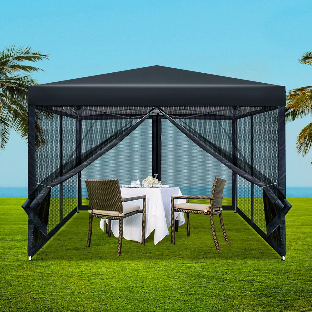 Event-Ready Pop-Up Gazebo: 3x3m Marquee for Weddings, Parties, Camping, and Outdoor Shade with Mesh Walls in Elegant Black