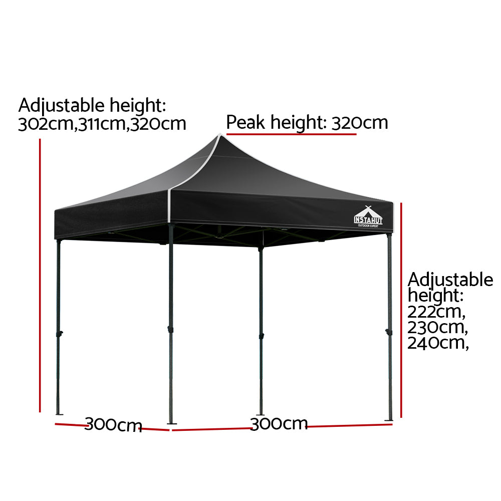Portable Outdoor Shelter: 3x3m Pop-Up Marquee for Events, Camping, and Weddings with Canopy Shade in Sleek Black