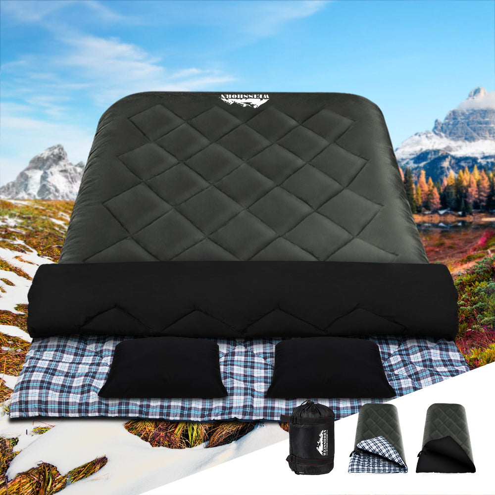 Cozy Double Sleeping Bag with Pillow: Ideal for Camping, Hiking, and Cold-Weather Adventures in Grey (-10°C)