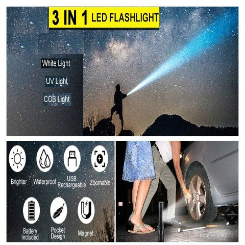 Waterproof Rechargeable UV Light Flashlight Torch with 7 Modes - Ideal for Camping