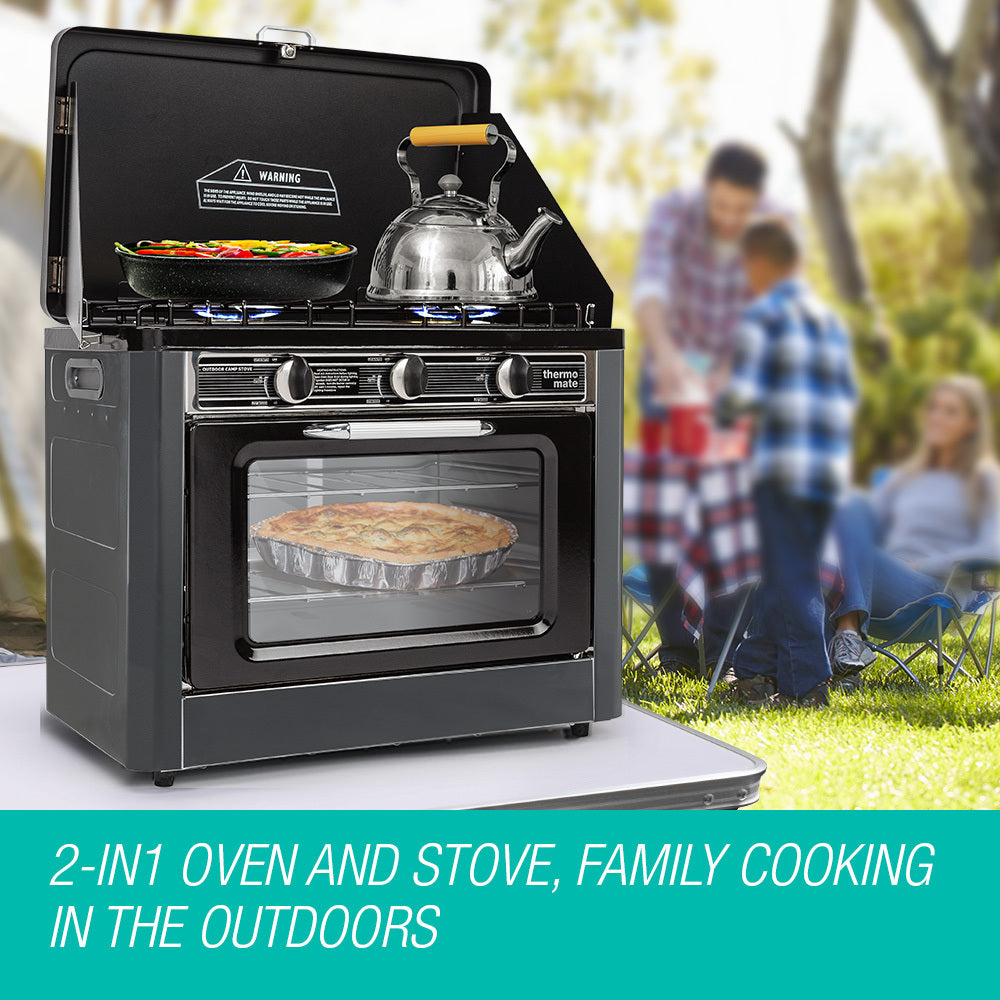 Ultimate Outdoor Cooking Companion: Dual Burner Gas Portable Camping Oven Stove Combo in Sleek Grey