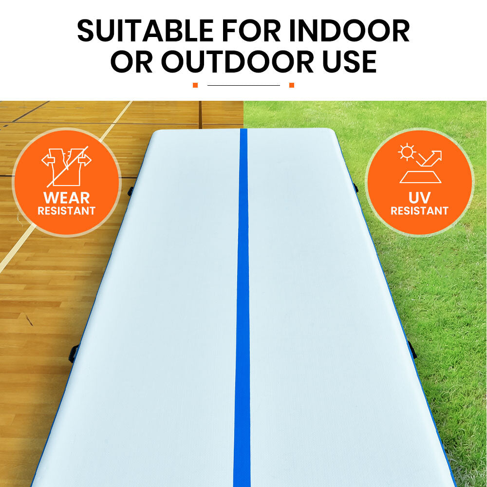 Premium 8m x 1m Inflatable Air Track Mat - 20cm Thick for Tumbling and Gymnastics in Blue & White (Pump Not Included)