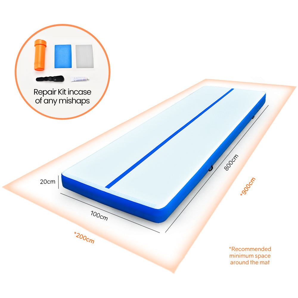 Premium 8m x 1m Inflatable Air Track Mat - 20cm Thick for Tumbling and Gymnastics in Blue & White (Pump Not Included)