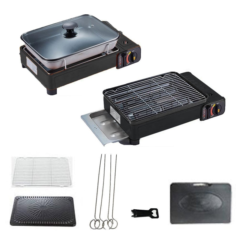 Portable Gas Stove Burner with Fish Pan - Butane Cooker, Non-Stick, Black
