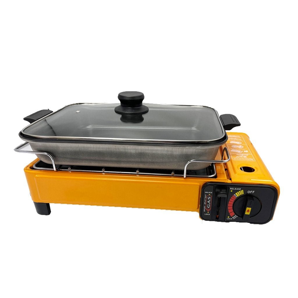Portable Gas Stove Burner with Fish Pan - Butane Cooker, Non-Stick, Black