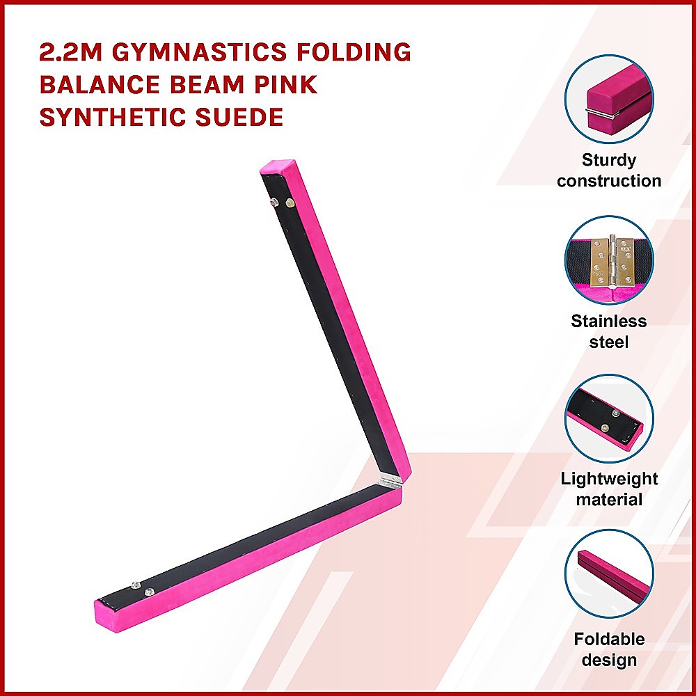 Premium 2.2m Folding Gymnastics Balance Beam - Pink Synthetic Suede