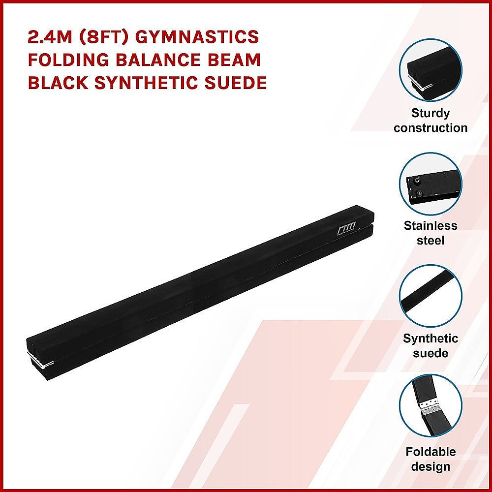 Premium 8FT Gymnastics Folding Balance Beam - Black Synthetic Suede