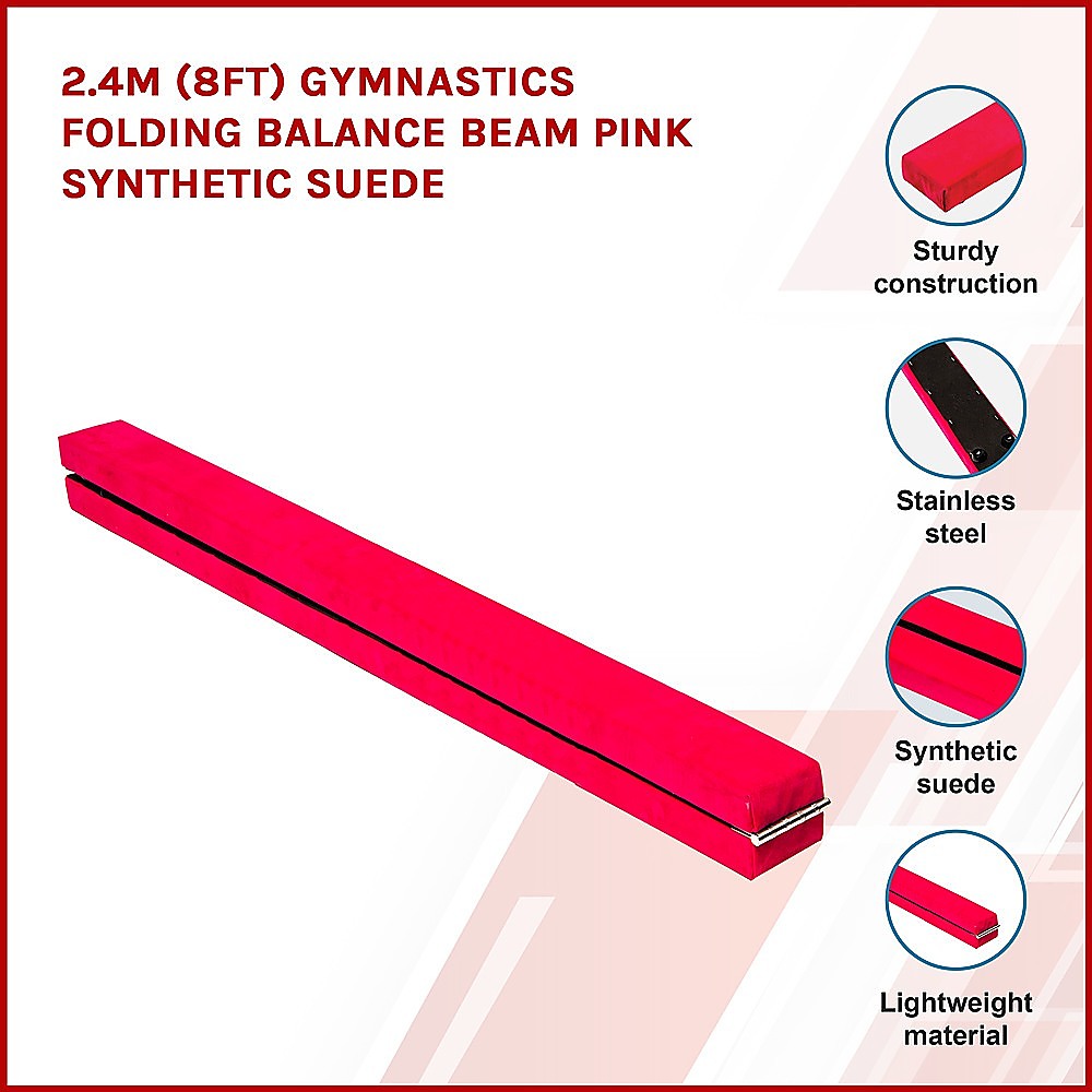 Premium 8FT Gymnastics Folding Balance Beam - Pink Synthetic Suede